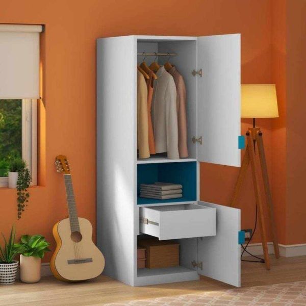 Single-Door Sky Blue MDF Wardrobe with Mid Shelf