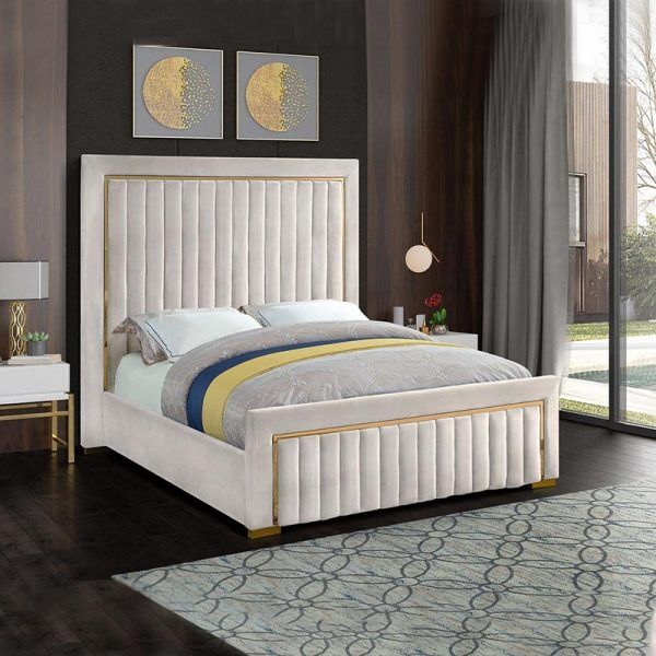 Gold trim high headboard bed with velvet upholstery