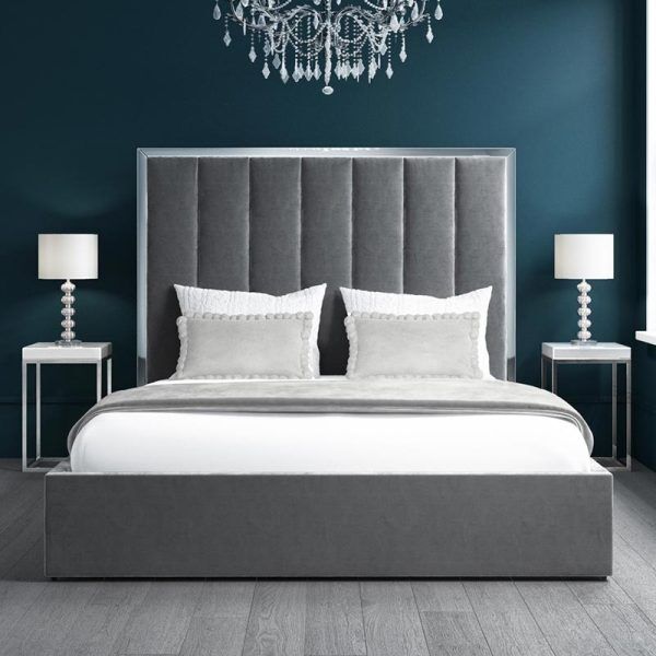 Grey Velvet Ottoman Bed with High Headboard
