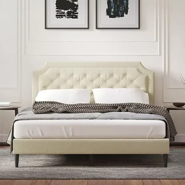 Low Profile Platform Queen Bed with Tufted Upholstery