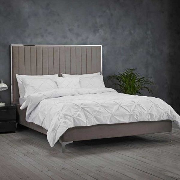 Grey Velvet Bed Frame with Mirror Feature in King Size
