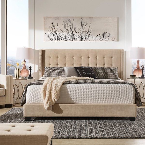 Melina Style Tufted Linen Bed with Wingback