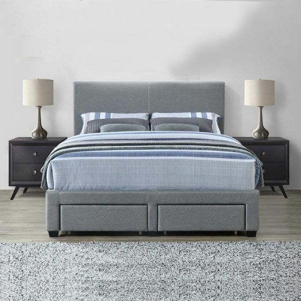 Storage Bed with Grey Fabric Covering